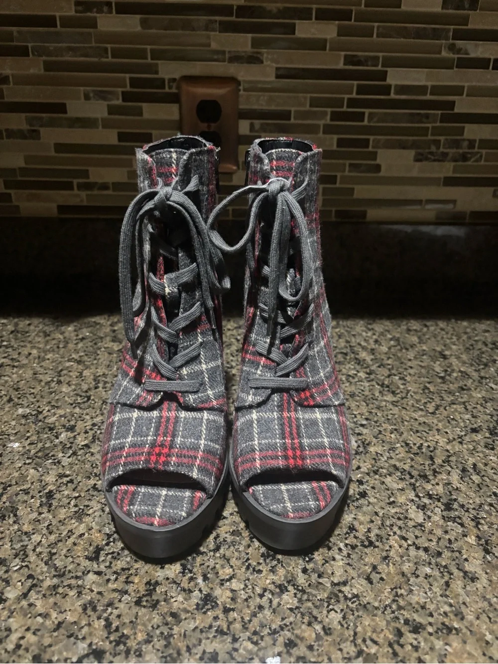 Jessica Simpson Plaid Lace-Up Chunky Heel Ankle Boots - Red & Gray